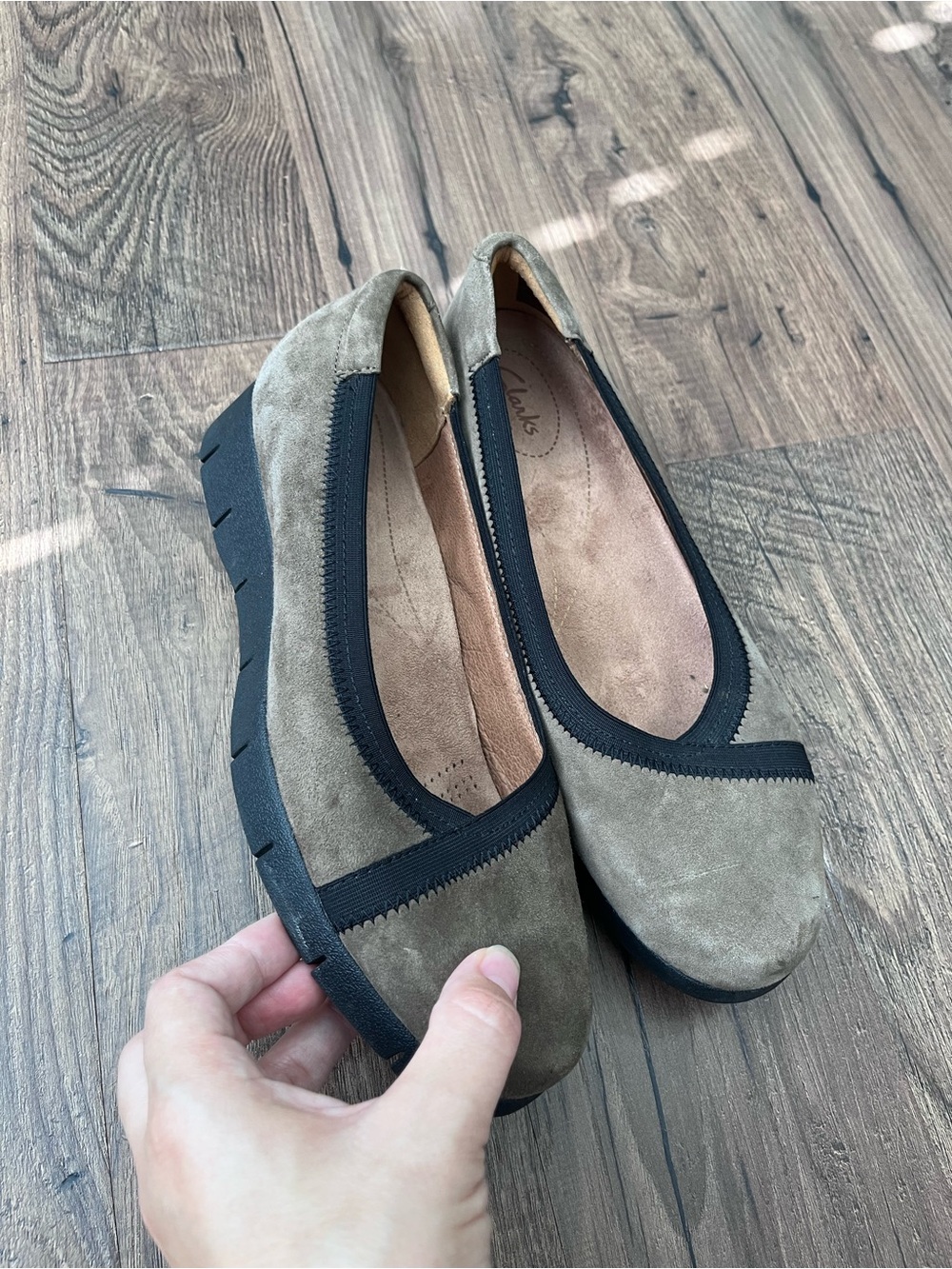 Clarks Olive Taupe Suede Slip-On Flats with Black Trim